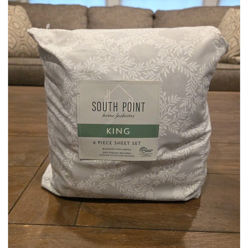 South Point KING 6 Piece Sheet Set Michelle Leaves Grey
